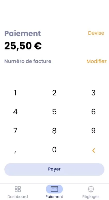 Écran de l'application EasyPOS SoftPOS affichant un paiement de 25,50 € avec pavé numérique et bouton Payer